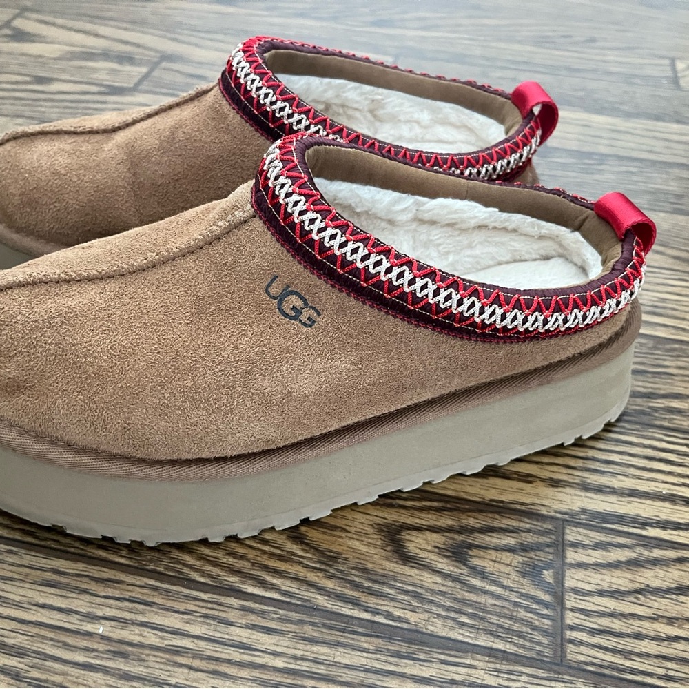 UGG Women's Brown Suede Slippers with Red Trim
